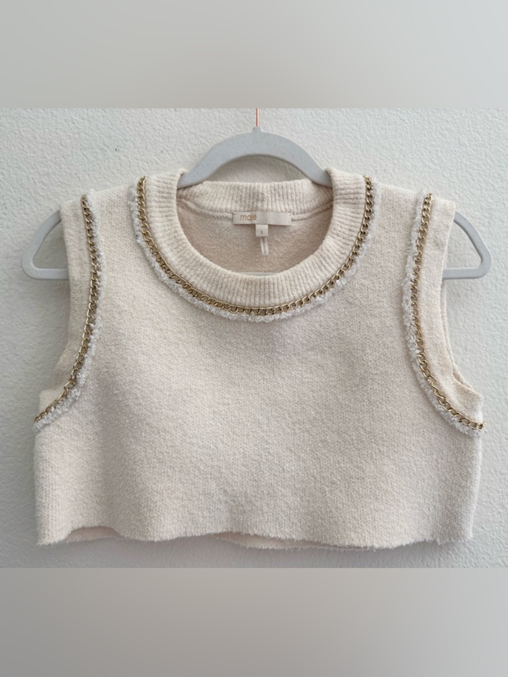 Maje Mozel Cropped Chain Trim boucle tank Sweater sleeveless knit top gold chain